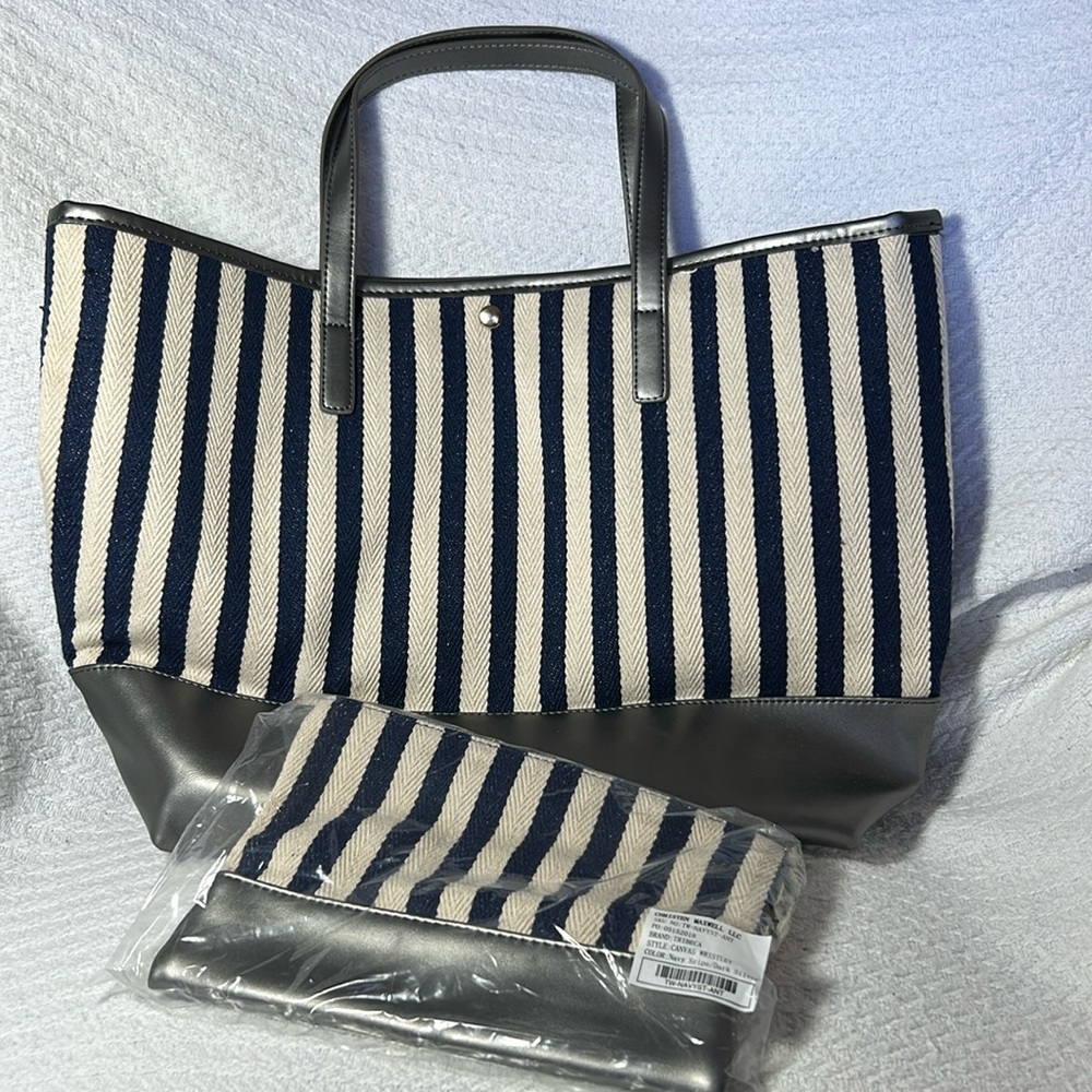 NWT Christen Maxwell Cream/Blue/Grey Tote & Wristlet